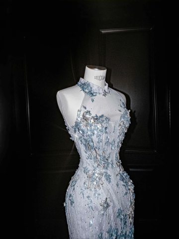 Vestido largo de noche de sirena con apliques de lentejuelas y tul azul ensueño Y8673