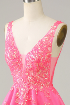 Vestido corto de fiesta de bienvenida con lentejuelas fucsia, escote en V y espalda descubierta Y4093