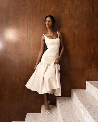 Precioso vestido de fiesta sirena color marfil, largo, de satén, para baile de graduación o noche, modelo Y8014