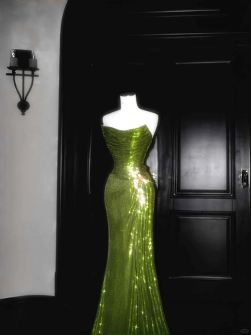 Robe de bal longue sirène à sequins verts sans bretelles, modèle unique Y8659