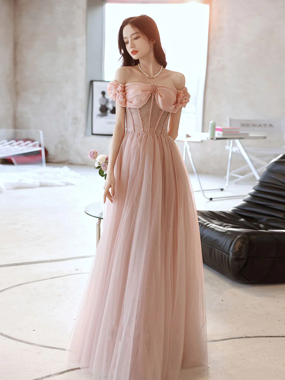 Vestido largo de fiesta rosa con escote corazón, tul y cuentas, vestido de noche rosa, Y2406
