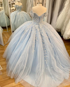 Vestido de baile azul de tul y encaje con hombros descubiertos, vestido azul para quinceañera, vestido de princesa Y2061