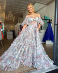 Elegante vestido largo de fiesta con flores y hombros descubiertos, de tul, modelo Y5889