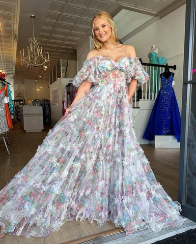 Elegante vestido largo de fiesta con flores y hombros descubiertos, de tul, modelo Y5889