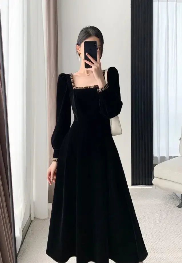 Robe en velours pour femme, manches longues, col carré, élégante, moulante, patchwork, robe de soirée tendance Y6744
