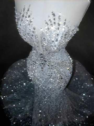 Romantic White Tulle Sequin Beaded Mermaid Wedding Dress,Long Prom Evening Dress  Y8667