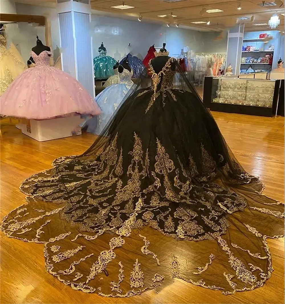 Vestido de quinceañera con cuentas, apliques de lentejuelas, vestido de princesa de baile con capa Y1516
