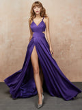 Robe de bal longue en satin à bretelles spaghetti, taille cintrée et décolleté en V, avec fente.