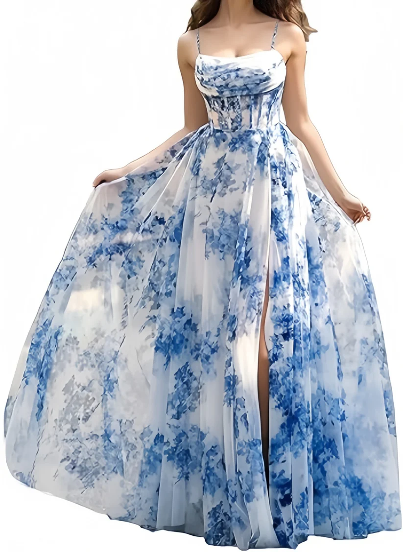 Vestido de fiesta azul glamuroso de gasa con estampado floral, abertura lateral, tirantes finos, estilo Y8277