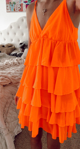 Robe de bal orange trapèze à col en V, référence Y2275