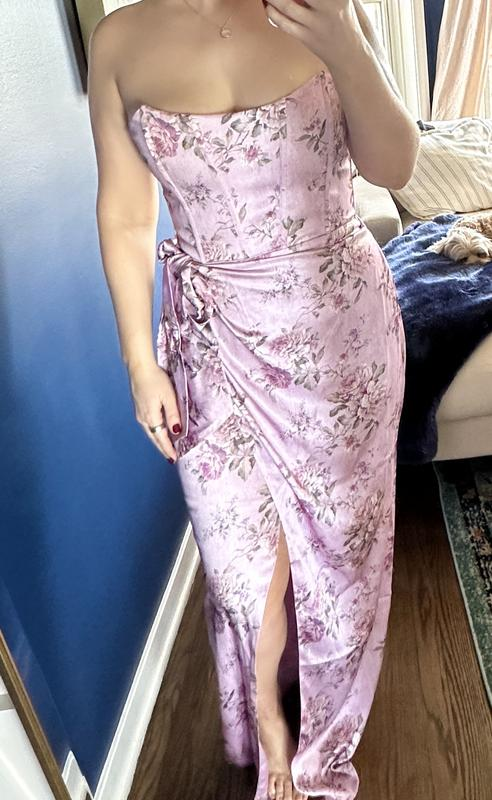 Vestido de fiesta de satén con corsé estampado fucsia y abertura frontal, vestido de noche formal Y8458