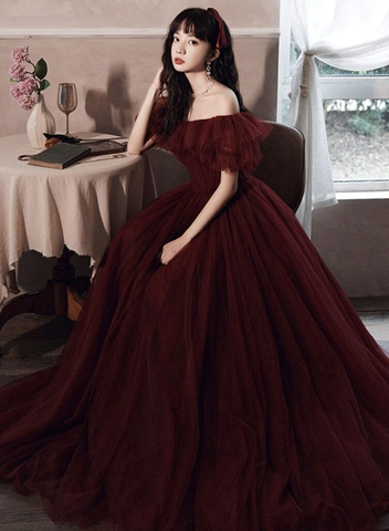 Burgundy Off The Shoulder Tulle Line Prom Dress Evening Dress Y8351