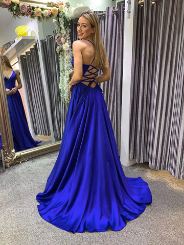 Robe de bal longue bleue simple en forme de A, robe de soirée bleue dos nu Y367