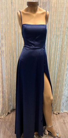 Vestido de fiesta clásico azul marino de corte A con abertura, sencillo vestido de noche para adolescentes Y6772