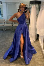 One Shoulder Red Beaded Long Formal Dress