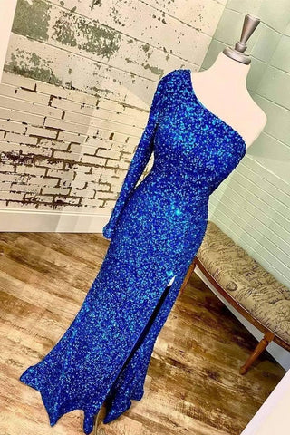 Robe de soirée longue à sequins bleu Tiffany à une épaule et manches longues