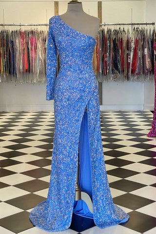 Robe de soirée longue à sequins bleu Tiffany à une épaule et manches longues