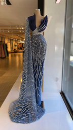 Vestidos de noche azul marino de un solo hombro, escote en V, vestidos de fiesta formales con lentejuelas brillantes hechos a medida Y4936
