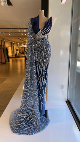 Vestidos de noche azul marino de un solo hombro, escote en V, vestidos de fiesta formales con lentejuelas brillantes hechos a medida Y4936
