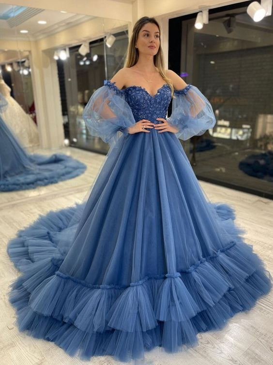 Robe de bal bleue en tulle à col cœur et manches bouffantes, longue robe de soirée bleue formelle Y6172