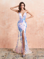Deep V-Neck Sparkly Sequin Sexy Mermaid Evening Dress Long With Split