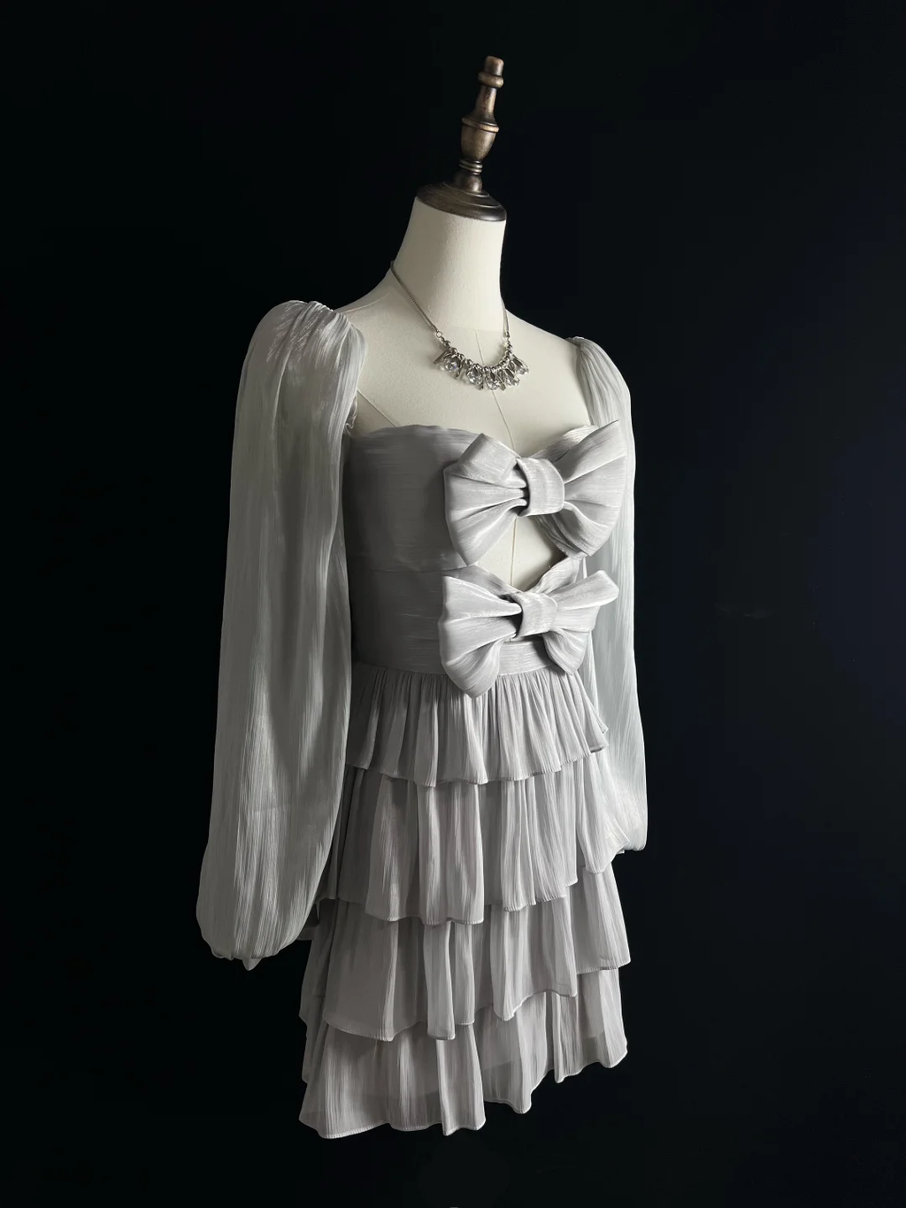 Cute Silver Gray Tulle Bow A Line Layered Short Party Dress Homecoming Dress Y8651