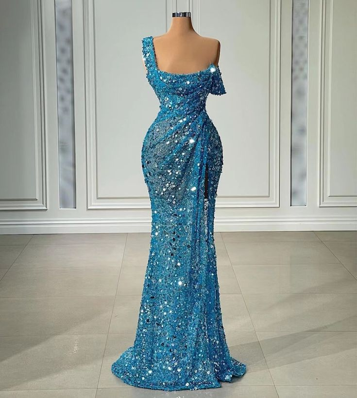 Vestido de noche largo de sirena azul brillante con un solo hombro, sexy y formal Y6112