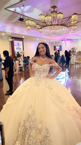 Vestido de quinceañera color champán con flores, vestido de quinceañera estilo bosque, vestido de gala con hombros descubiertos Y3026