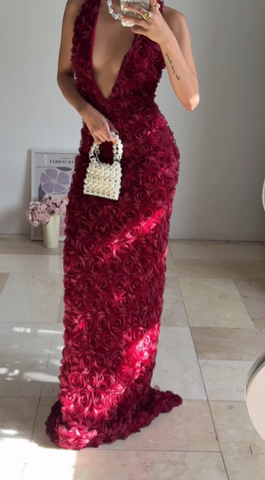 Gorgeous Deep V Burgundy Rose Flowers Sheath Long Prom Dress Evening Dress Y8504