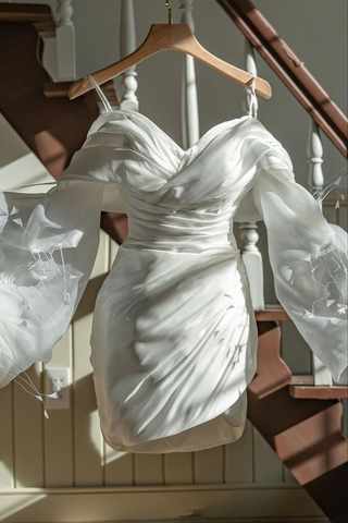 White Long Sleeves Homecoming Dress with Pleated White Graduation Dress Y2545