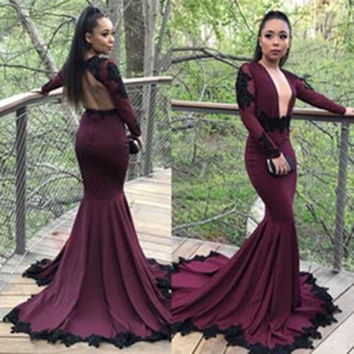 Preciosos vestidos de fiesta de sirena morados de manga larga con apliques negros 