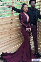 Preciosos vestidos de fiesta de sirena morados de manga larga con apliques negros 
