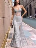 Luxury Crystal Mermaid Evening Dress Sheer Bodice