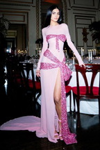 Gorgeous Pink Chiffon Sequins Big Bow Split Evening Dress Long Prom Dress Y8474