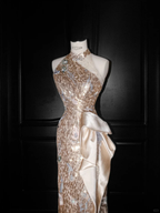 Vestido de fiesta de noche largo con lentejuelas doradas champán brillantes Y8653