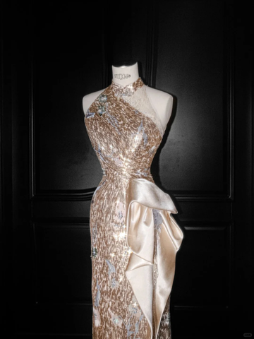 Vestido de fiesta de noche largo con lentejuelas doradas champán brillantes Y8653