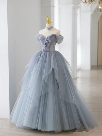 Vestido de gala gris humo con hombros descubiertos y bajo irregular, ideal para quinceañeras (Y2590)