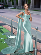 One Shoulder Lace Long Prom Dress With Drop Train