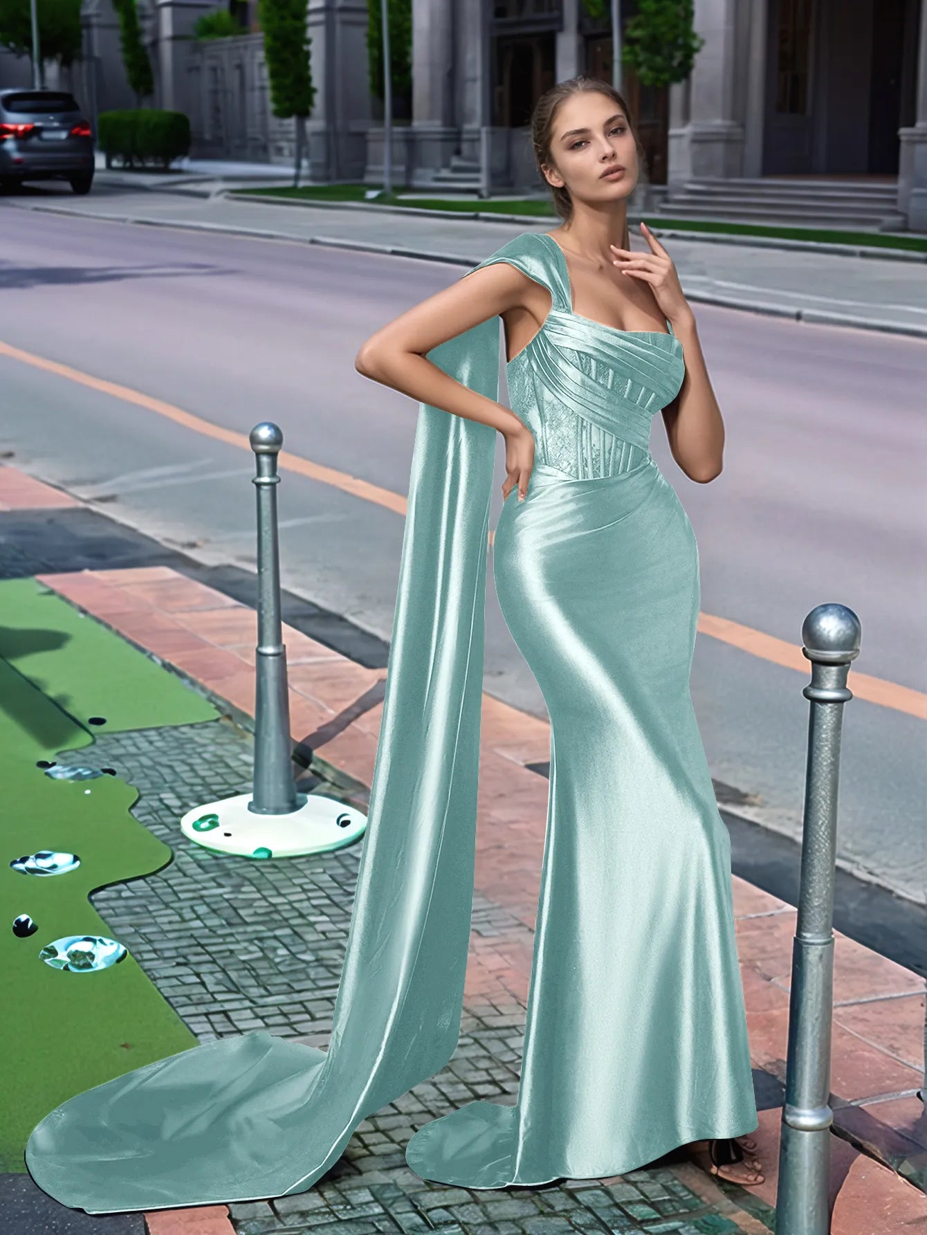 One Shoulder Lace Long Prom Dress With Drop Train