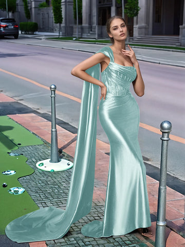 One Shoulder Lace Long Prom Dress With Drop Train