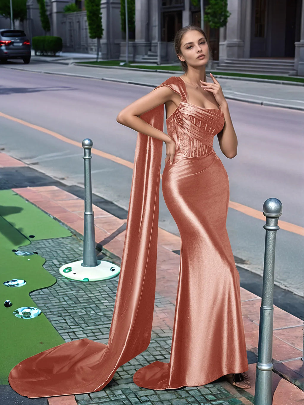 One Shoulder Lace Long Prom Dress With Drop Train