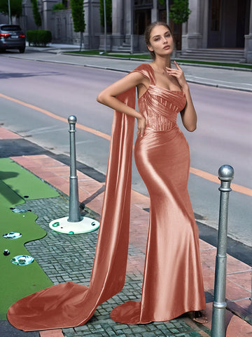 One Shoulder Lace Long Prom Dress With Drop Train