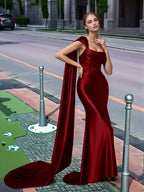 One Shoulder Lace Long Prom Dress With Drop Train