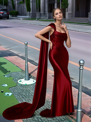 One Shoulder Lace Long Prom Dress With Drop Train