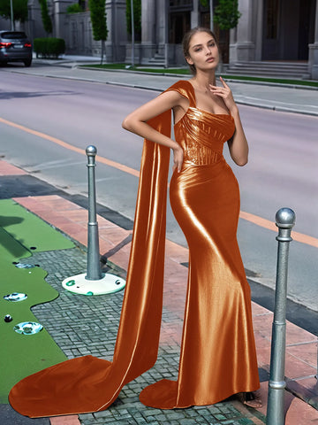 One Shoulder Lace Long Prom Dress With Drop Train