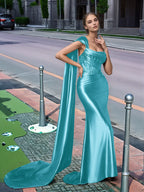 One Shoulder Lace Long Prom Dress With Drop Train