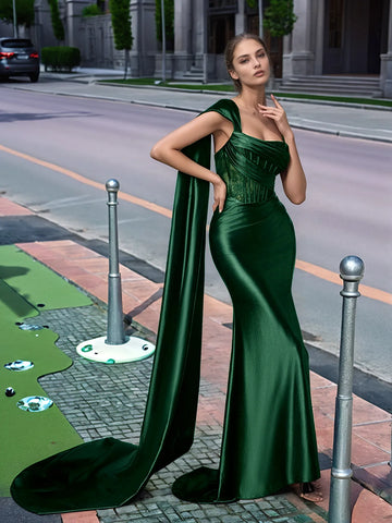 One Shoulder Lace Long Prom Dress With Drop Train