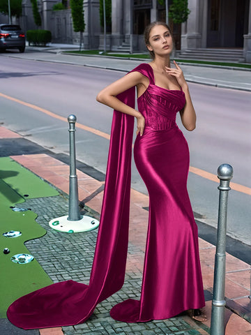 One Shoulder Lace Long Prom Dress With Drop Train