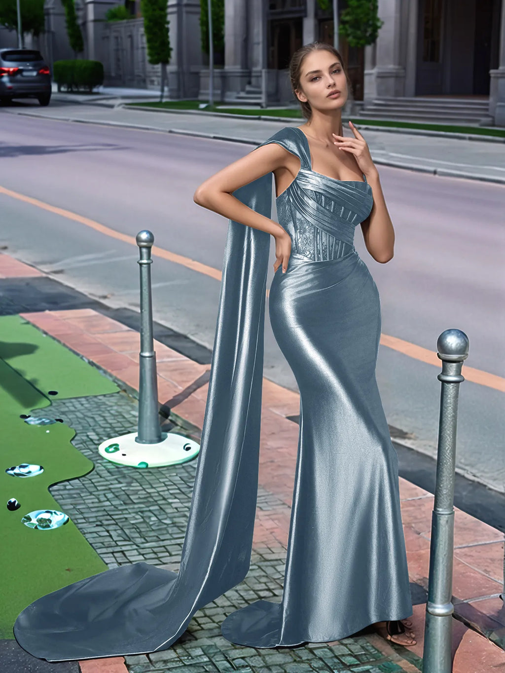 One Shoulder Lace Long Prom Dress With Drop Train