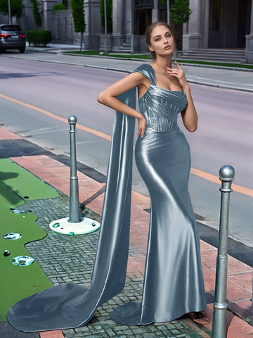 One Shoulder Lace Long Prom Dress With Drop Train